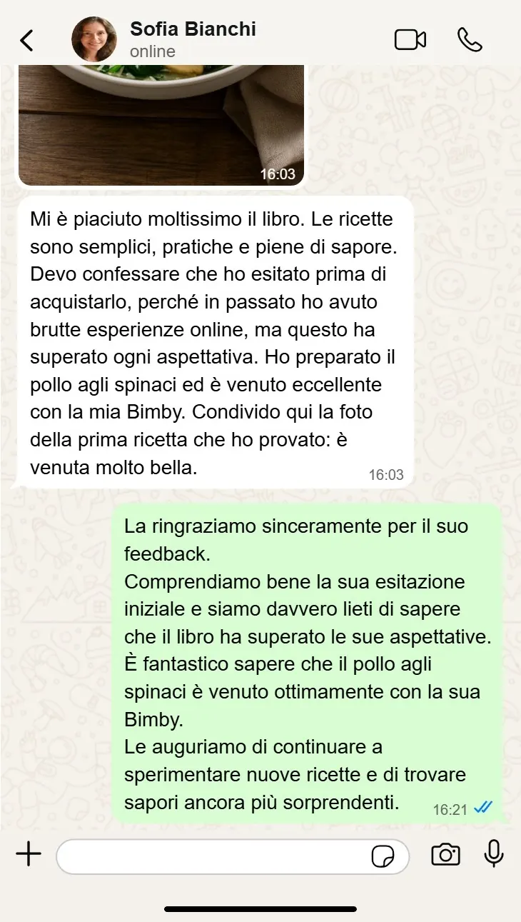 Messaggio di una cliente sul ricettario keto per Bimby